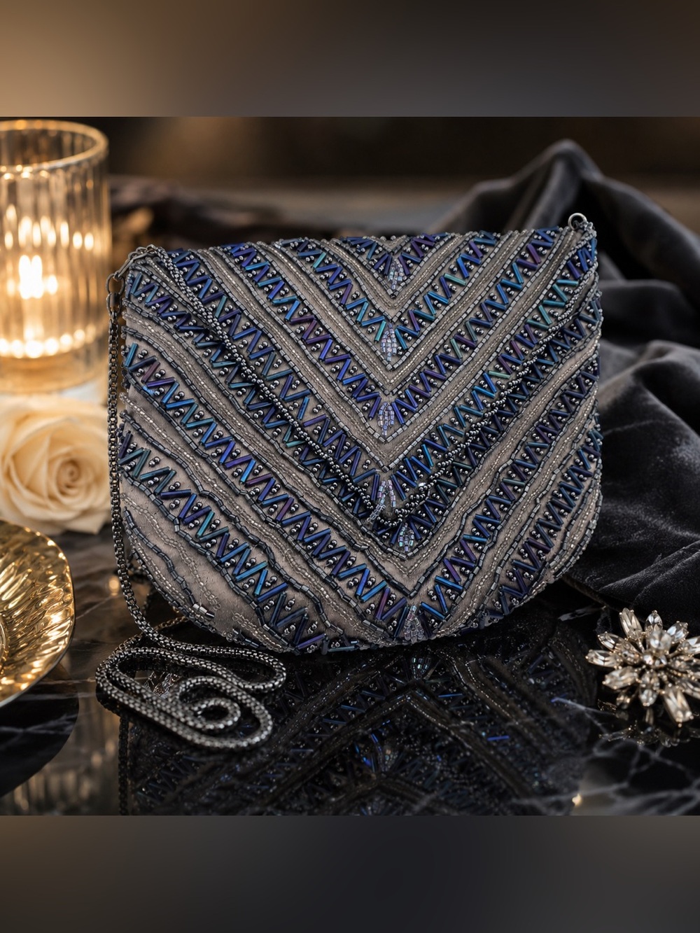 Vintage La Regale Beaded Evening Bag Gray Blue Iridescent Art Deco Cocktail Purs